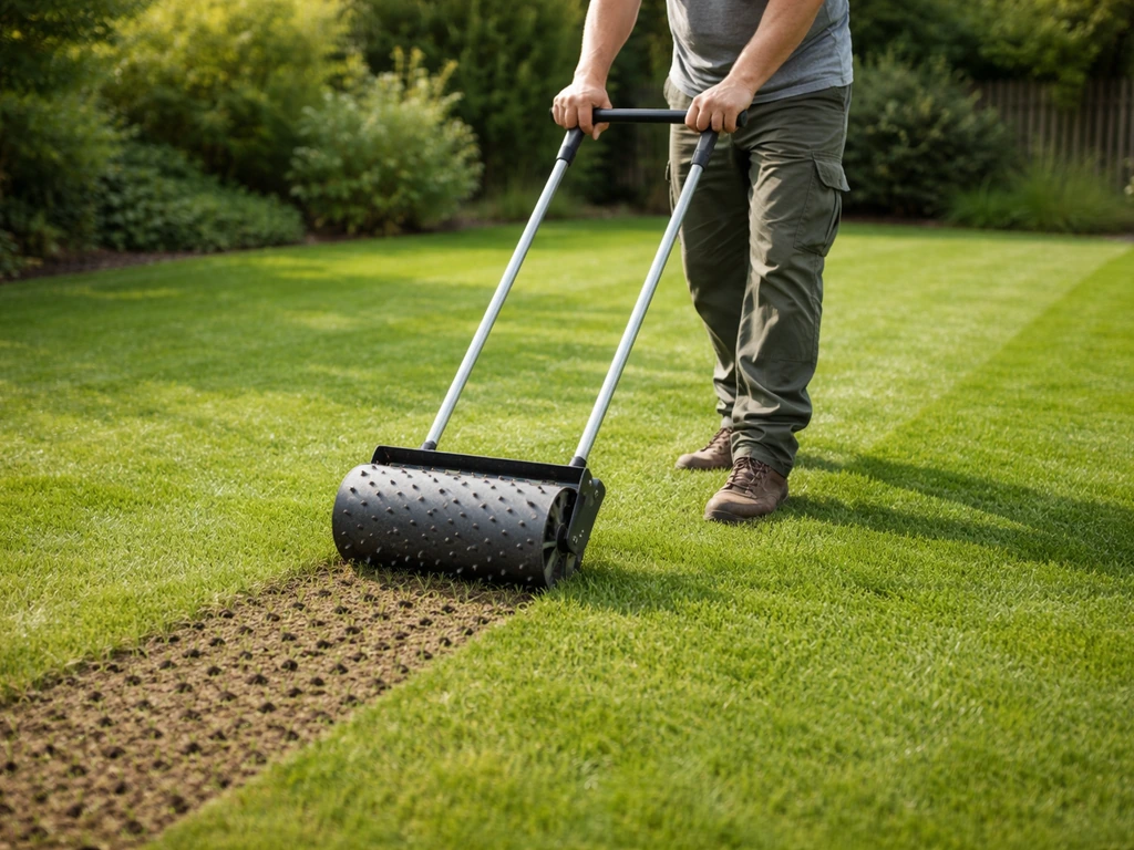 Tuinman maakt met een prikrol beluchtingsgaatjes in een gazon en laat een herstelde strook achter.