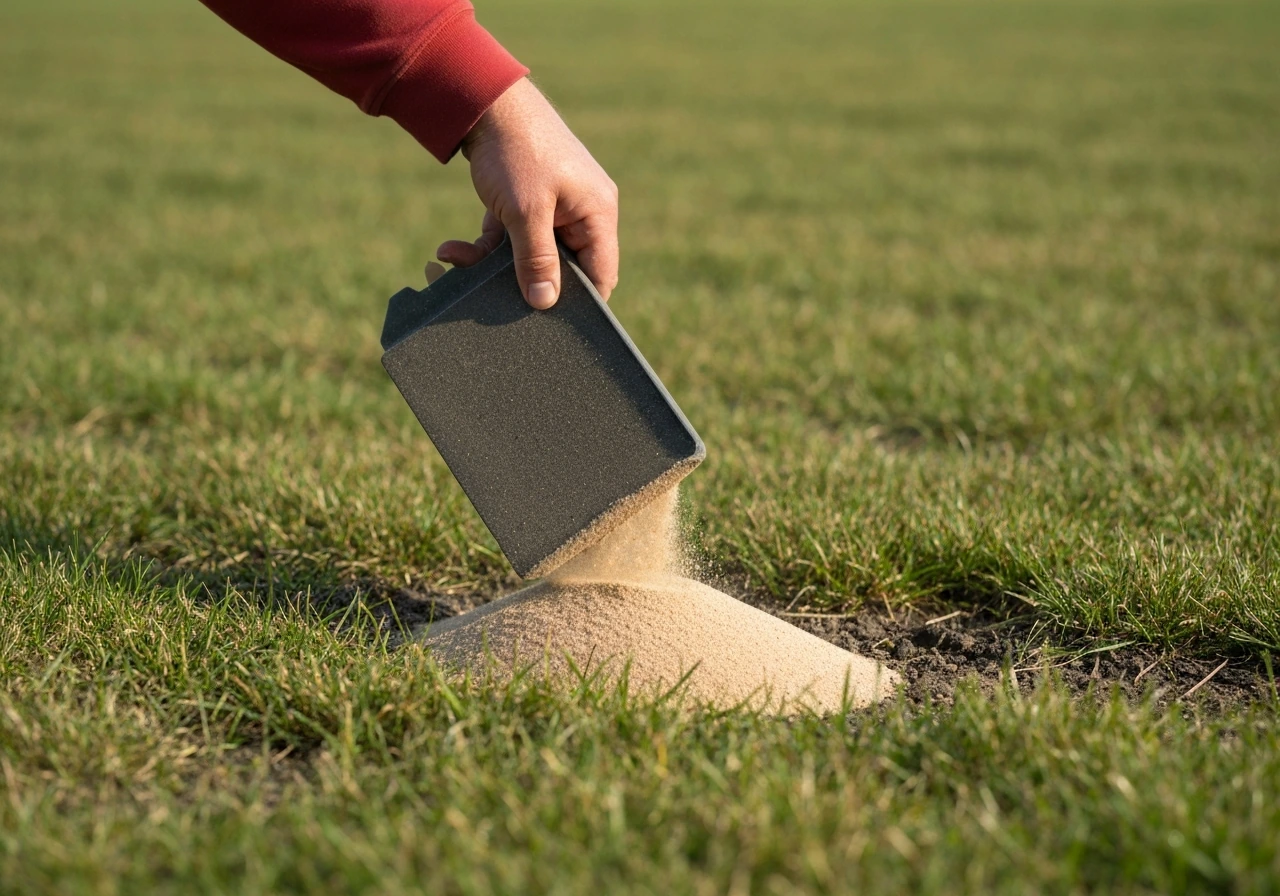 Hand die graszaad en topdressing-mengsel strooit op kale plekken in een gazon, close-up