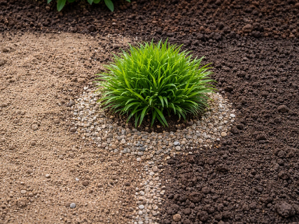 Close-up van plantvoet met ring van grindzand voor drainage en verschil tussen zand/leem en zware grond.