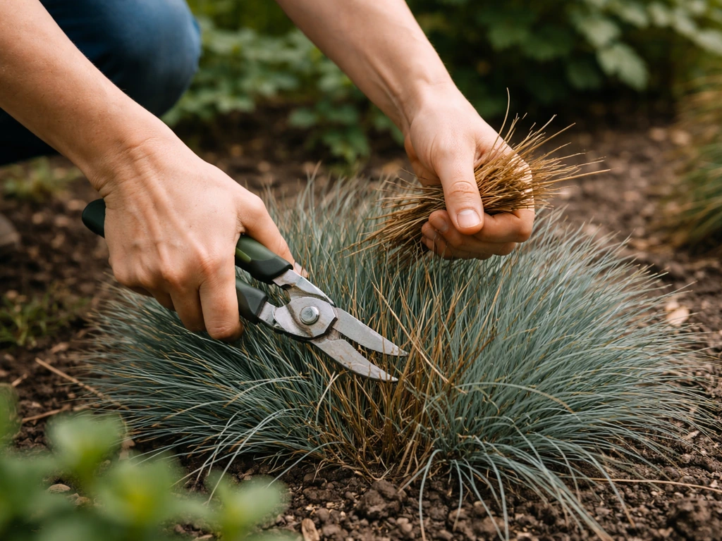 Handen trekken en knippen dode sprieten uit een pol blauw gras in de tuin, in het vroege voorjaar.
