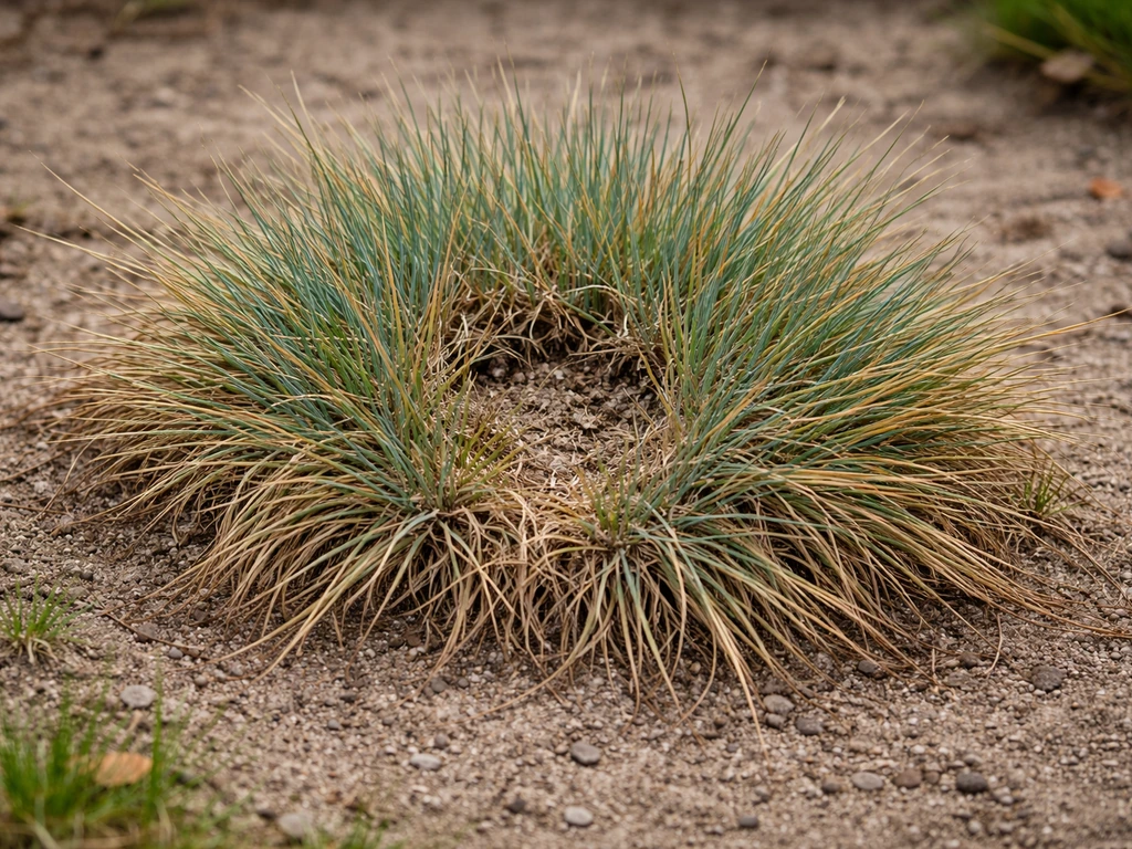 Close-up van blauw gras met vergeelde en bruine plekken en een kale kern in de pol, buiten in een tuin