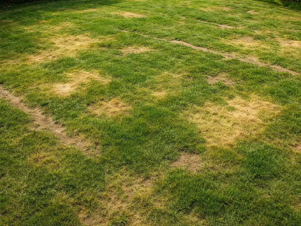 Bovenaanzicht van een gazon met vlekken: geel, kaal en ongelijk donkergroen gras.