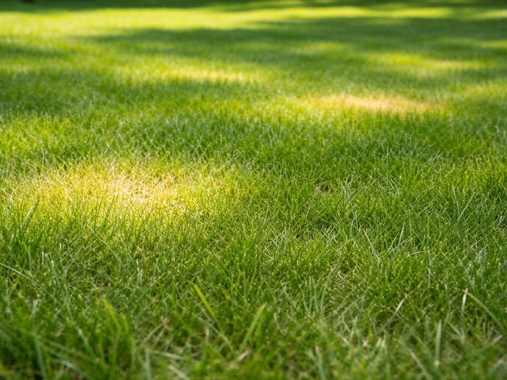 Close-up van een gazon met lichtgroene en gele vlekken in het gras in zonnig licht