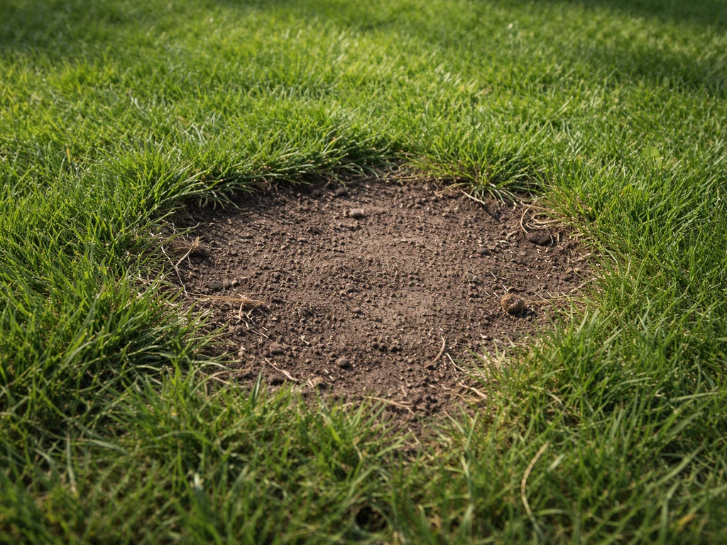 Kale grasplekken met zichtbaar donkere bodem en omliggend groen gras in een tuin, close-up