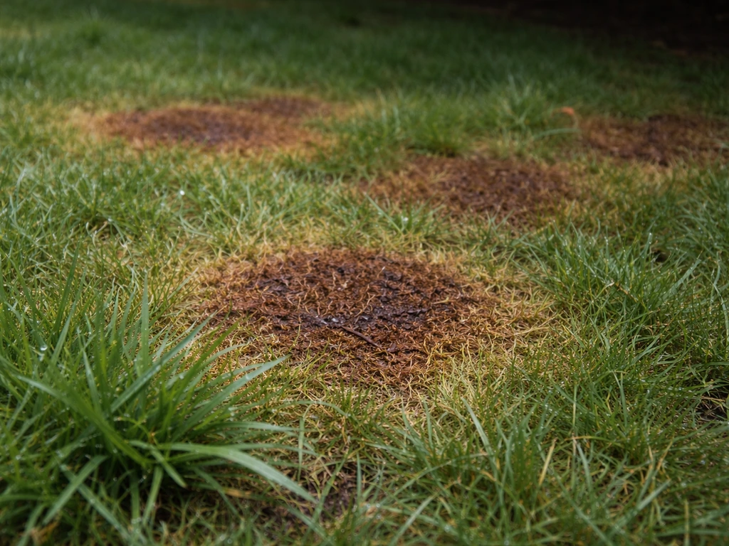 Bruinachtige roestige ringen op een nat en schaduwrijk stuk gras, passend bij schimmel in het gazon.