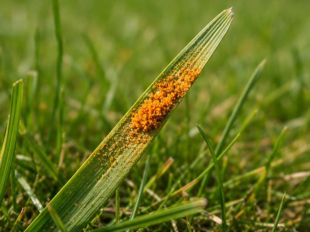 Close-up van oranje poeder op grasspriet, met duidelijke roestsporen en verweerde plekjes.