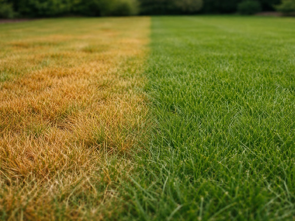 Twee graszones naast elkaar: links geel en roestrood/oranje door tekort, rechts gezond groen gras in de tuin.