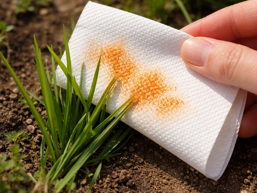 Witte doek op gras met oranje poederafdruk zichtbaar na wrijven over grassprieten.