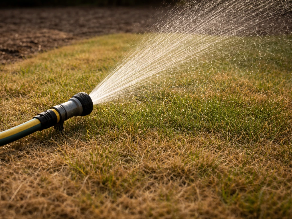 Gazon dat bij droogtestress diep wordt beregend met een tuinslang en sproeier in de vroege ochtend.