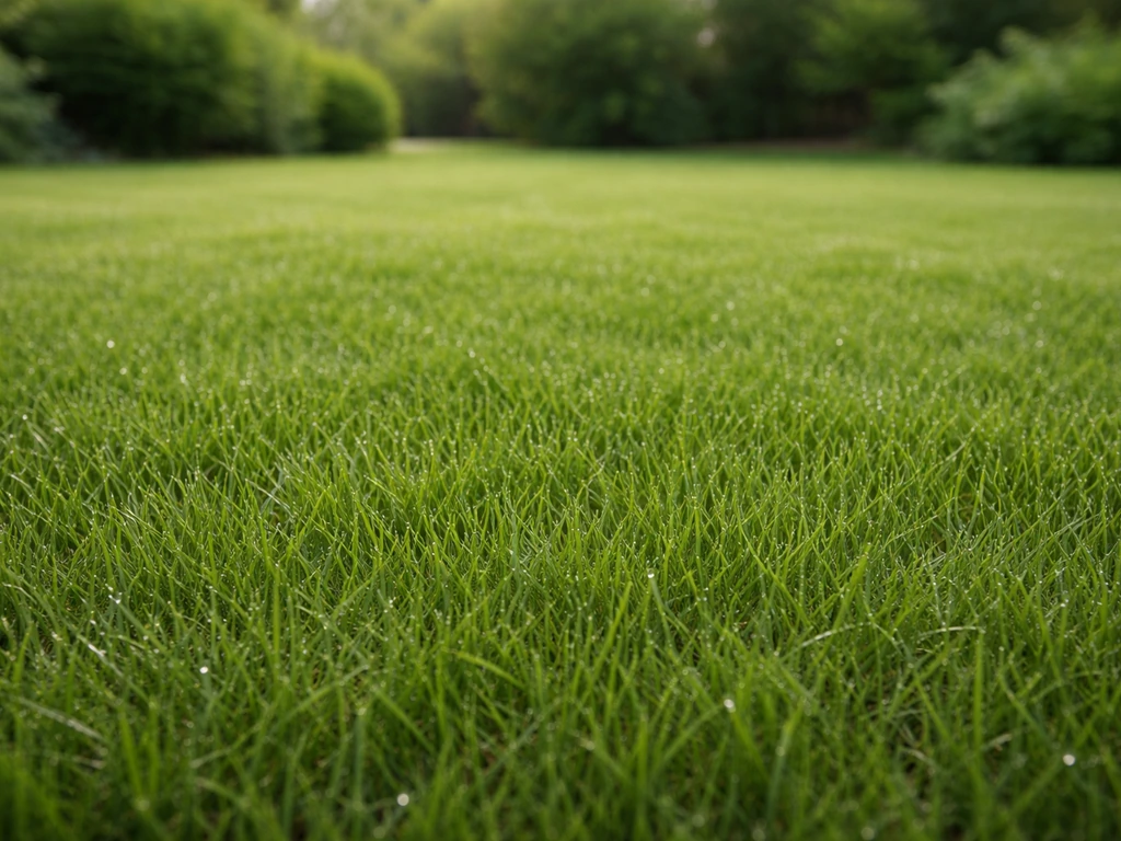 Diepgroen, dicht en fijn NL-gazon met egale grassprieten en dauw in zacht ochtendlicht.
