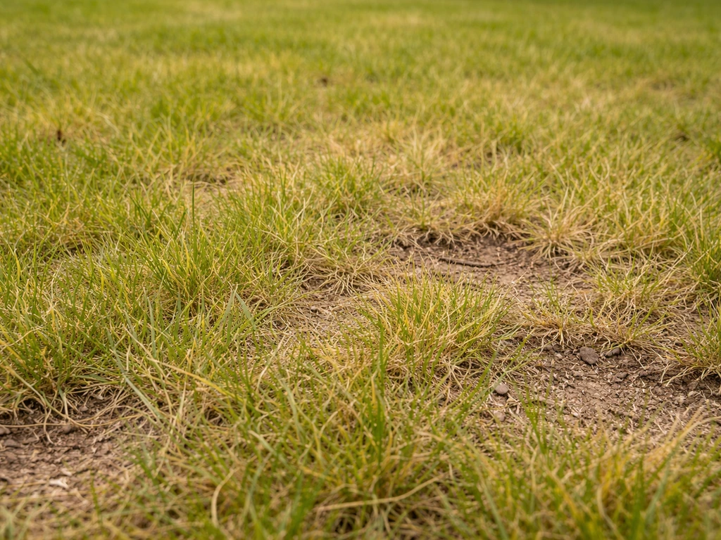 Close-up van een gazon met licht/geel gras en slappe, dunne sprieten in een simpele tuinsetting.