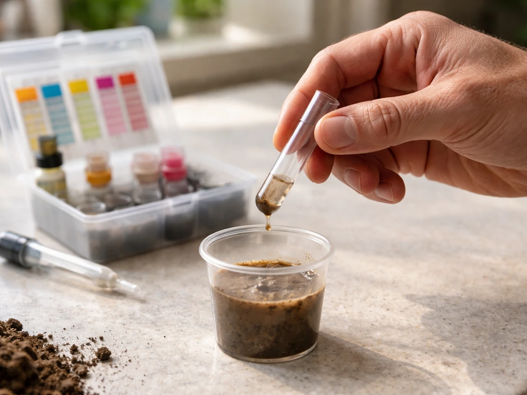 Close-up van een pH-testset in gebruik met bodemslurry en reageerbuisje op een werkblad