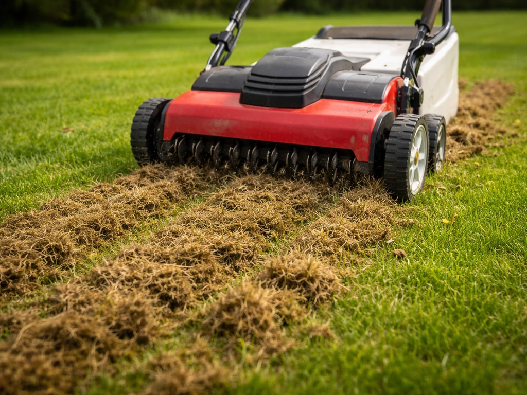 Verticuteermachine bewerkt een gazon in banen; bruin verviltingsafval ligt zichtbaar op de grond.