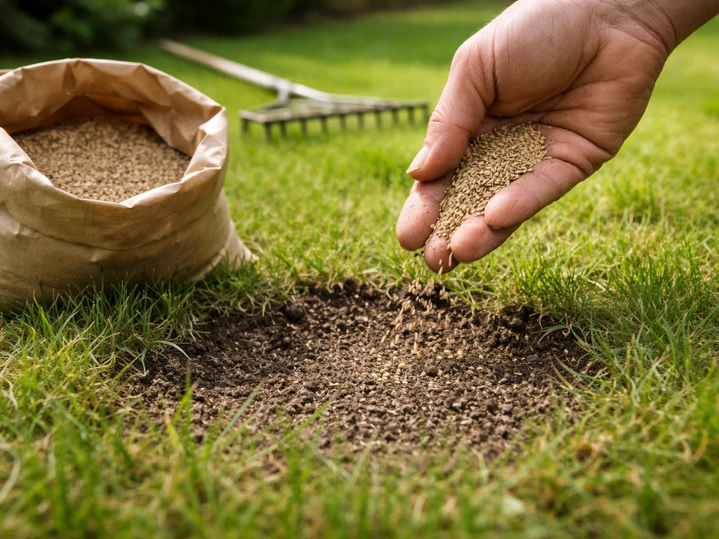 Hand strooit doorzaaimengsel over kale plek in het gazon, met zaadzakje op de grond.