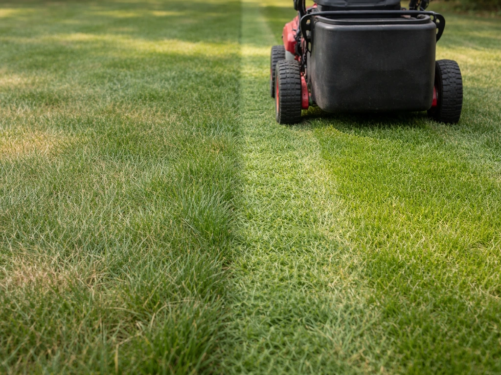 Gazonscène met een gazonmaaier die langs dicht gras rijdt op ingestelde snijhoogte van 4–5 cm.