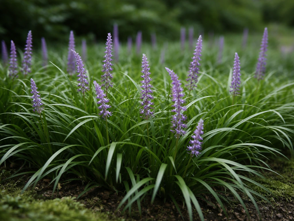 Sfeervolle close-up van groenblijvend gras met paarse bloemen en aren in een Nederlandse tuin bij daglicht.