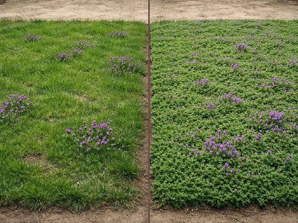 Links gazon met paarse bloemenaccenten, rechts beplantingsmat bodembedekking met paarse bloemetjes, minimalistische tuin