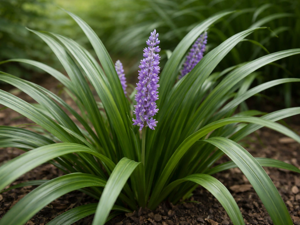 Close-up van Liriope muscari met grasachtige bladeren en paarse/paarsblauwe bloemaren in een tuinbed.