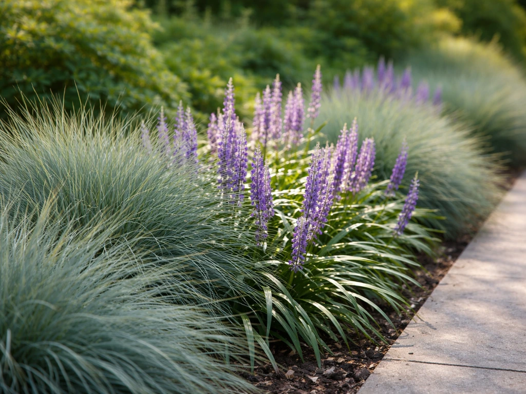 Tuincombinatie met Liriope muscari als onderlaag en Festuca glauca voor blauwe textuur, bij zonsopkomst.