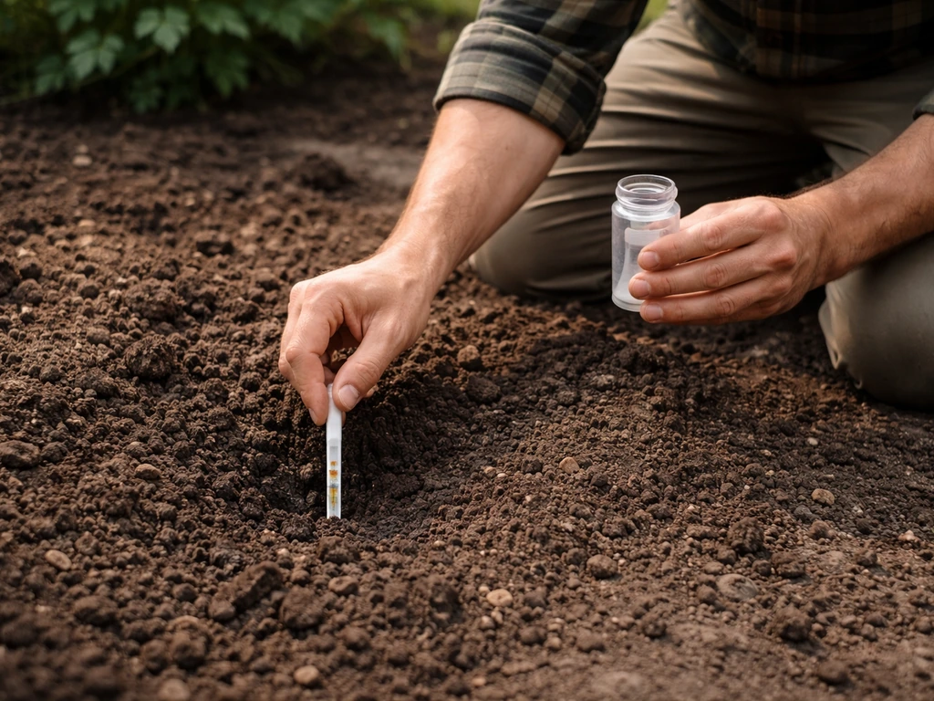 Tuinier meet bodem-pH in een eenvoudige tuin met een pH-teststokje en zachte grond