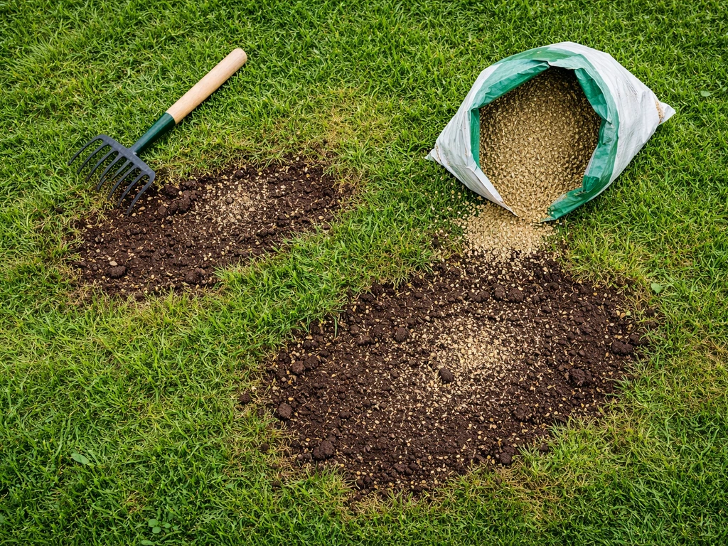 Bovenaanzicht van een gazon met kale plekken en herstelmateriaal zoals hark en zaadstrooier.