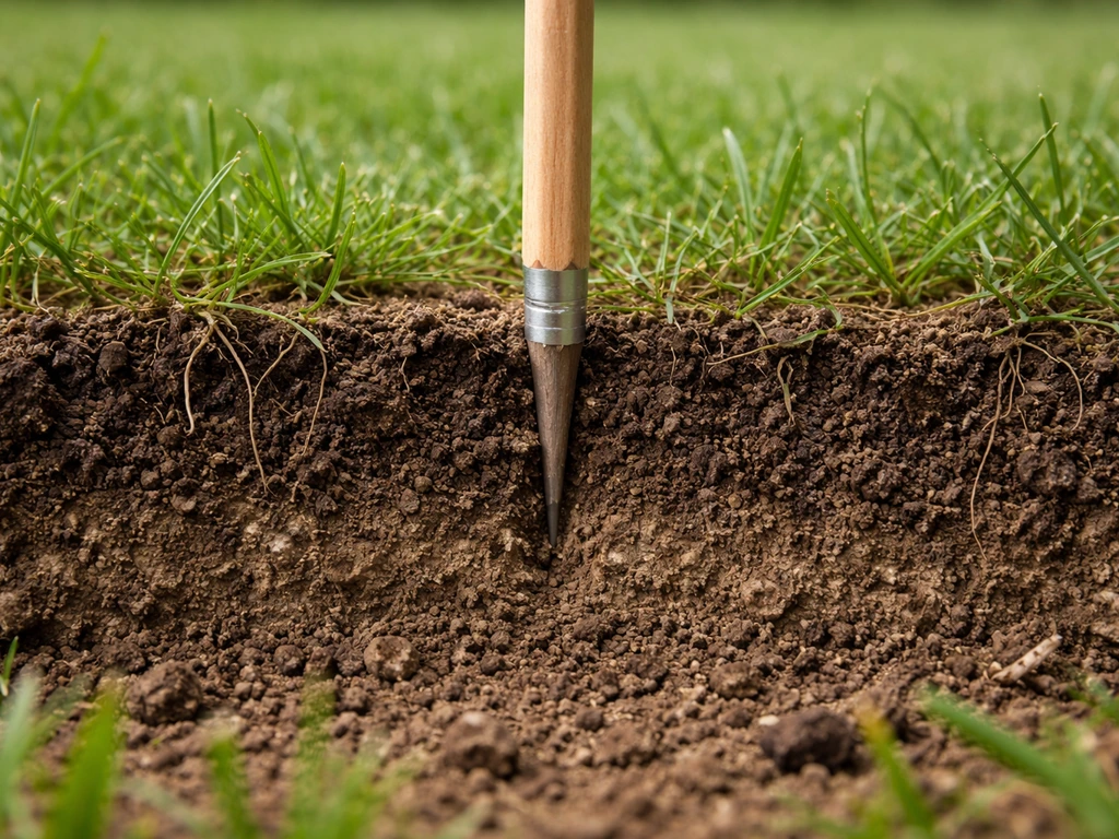Close-up van gazonbodem met schroevendraaier/potlood dat verticaal in de grond wordt gestoken voor bodemonderzoek.
