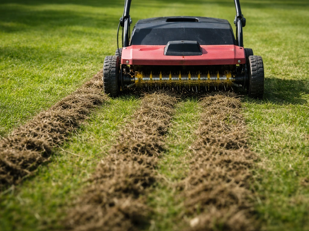 Verticuteermachine snijdt viltlaag uit het gazon; getrokken stroken vilt en organische resten zijn zichtbaar.