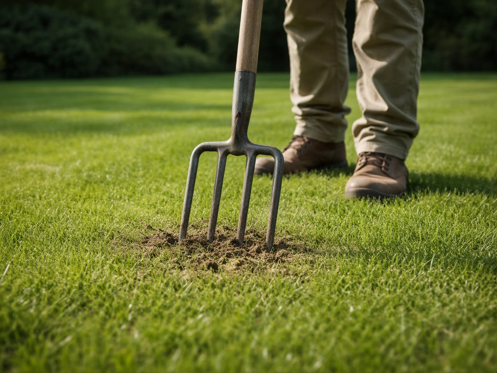 Iemand prikt met een grondvork beluchtingsgaten in een groen gazon, zodat lucht en water bij de wortels komen.