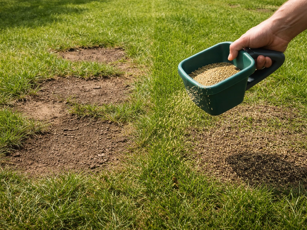 Kale plekken in gazon links en gelijkmatig graszaad gestrooid rechts op dezelfde ondergrond.