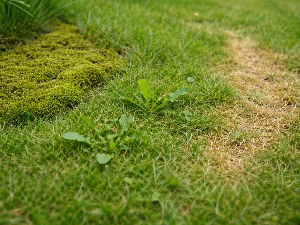 Gazon met mos en onkruidplekken, plus een zichtbare urine- en schaduwmarge in één beeld