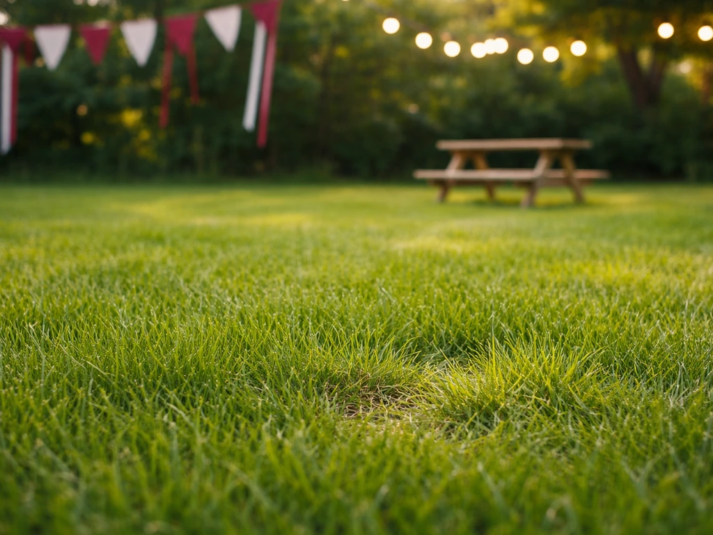Weelderig groen gazon met subtiele festivalverlichting en linten, zonder mensen, sfeer van Groen Gras Festival 2023.