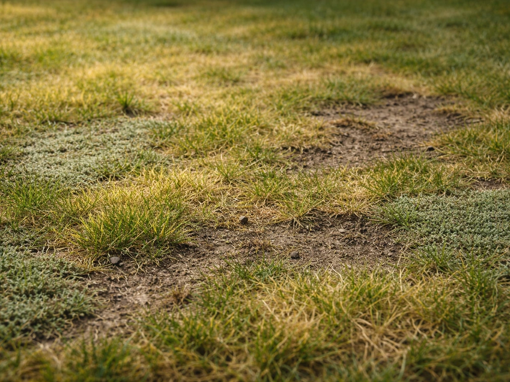 Close-up van geel gras en mosachtige plekken tussen groen gazon, met duidelijke kale zone-accenten