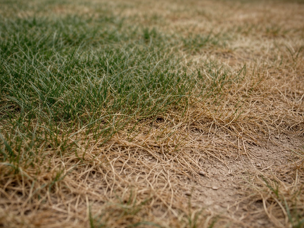 Dof grijs-groen gazon dat uitdroogt en geelbruin wordt door droogte