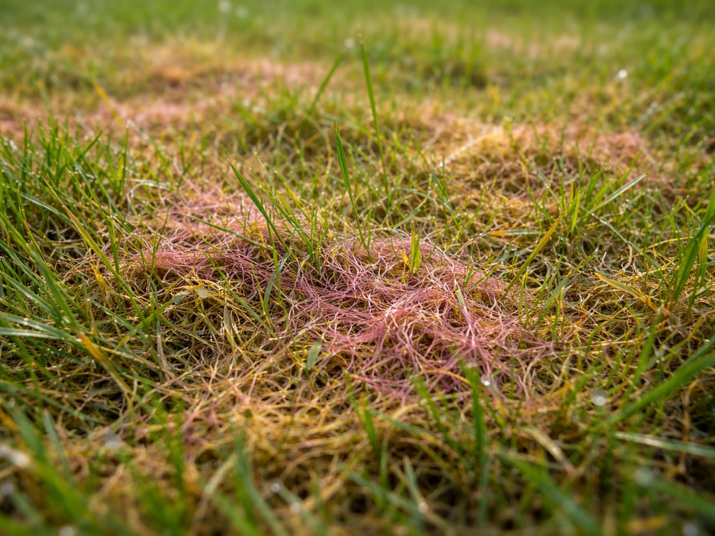 Close-up van rooddraad in een gazon: geleig/roodachtige vlekken met roze-roodachtige draadjes tussen het gras.