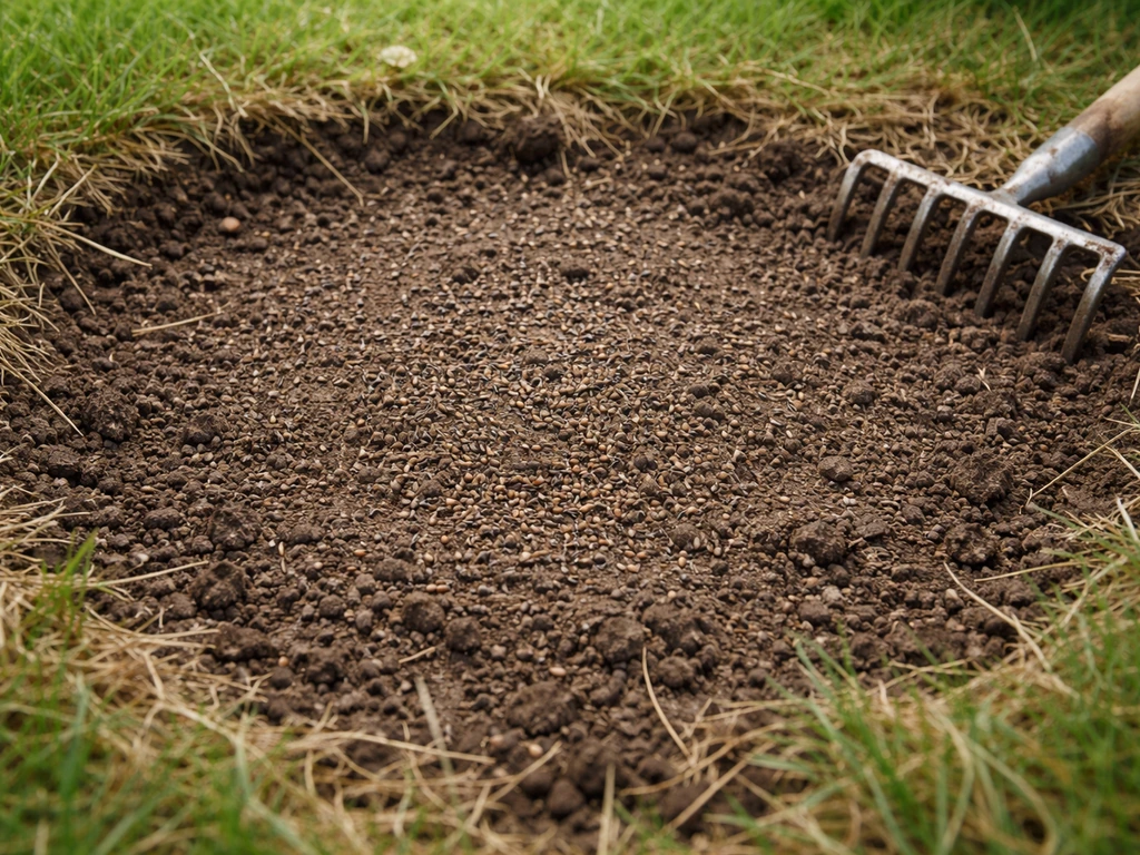 Losgekrabde kale grasplek met opengewerkte grond en verspreid zaad in de tuin