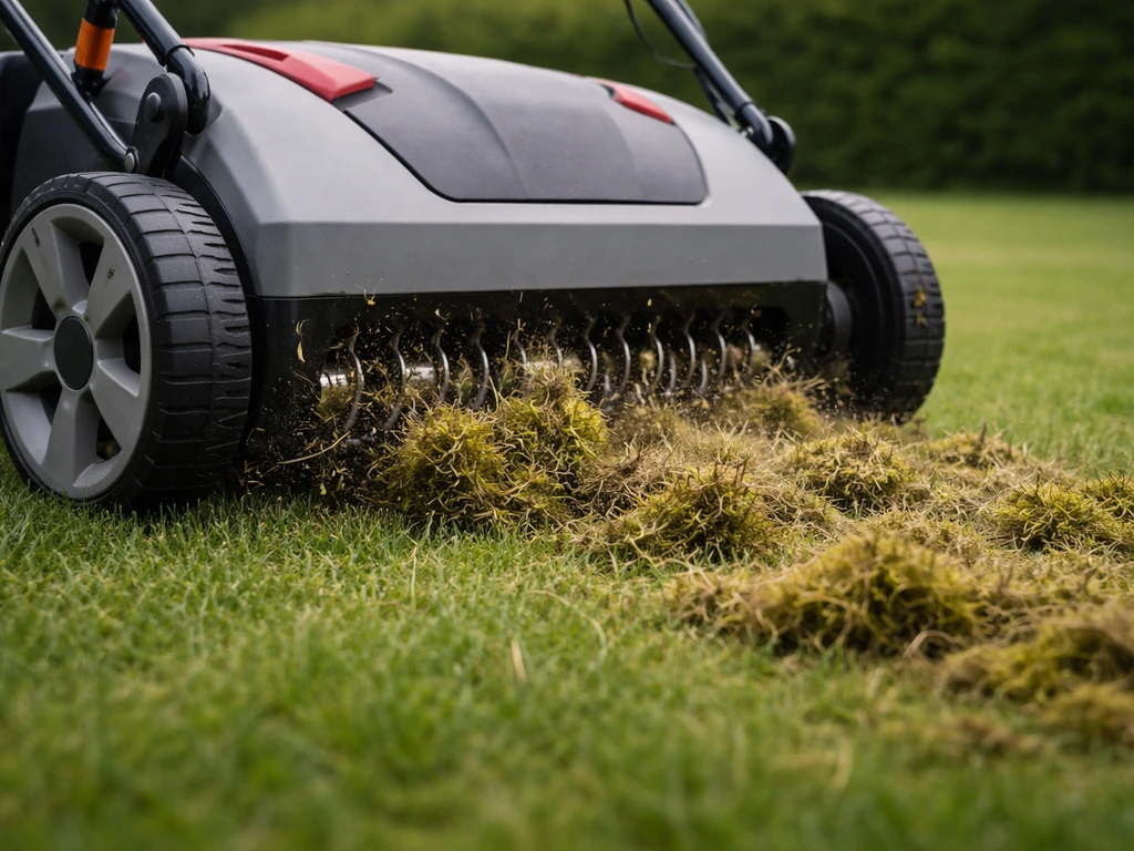 Verticuteermachine trekt mos los uit de grasmat; kleine pollen mos liggen op de grond.