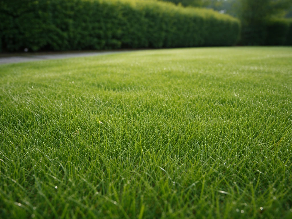 Breed, dicht en frisgroen Nederlands gazon zonder kale plekken, met subtiele achtergrondblur.