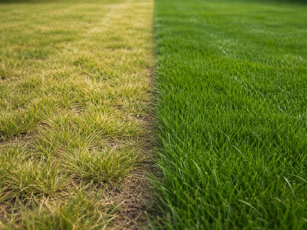 Geel en bleekgroen gras met gezond diepgroen gras ernaast in een eenvoudige tuin, natuurlijke belichting.