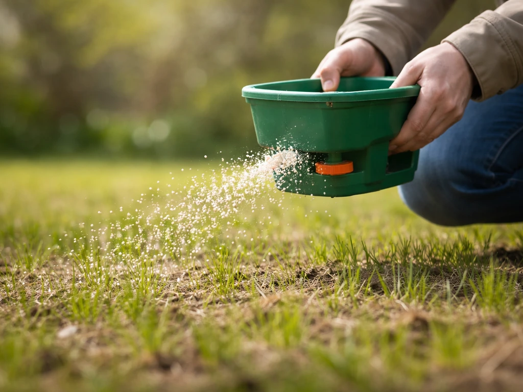 Handen strooien korrelige gazonmest op een gazon met jonge groene sprieten in het vroege voorjaar.