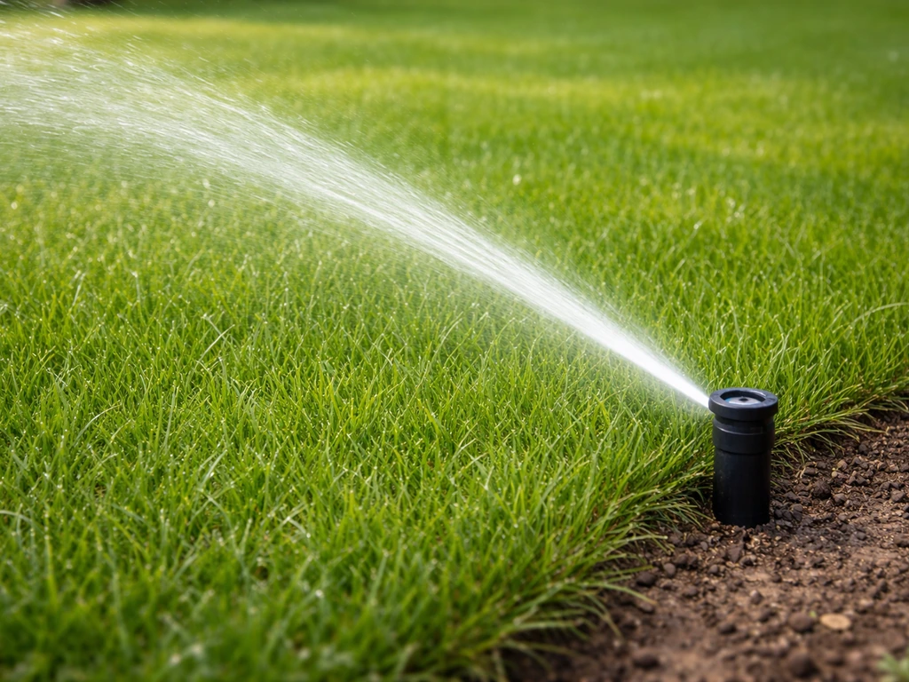 Sproeiende waterstraal die in het gras infiltreert, met gelijkmatige, frisse grasmat in een tuin