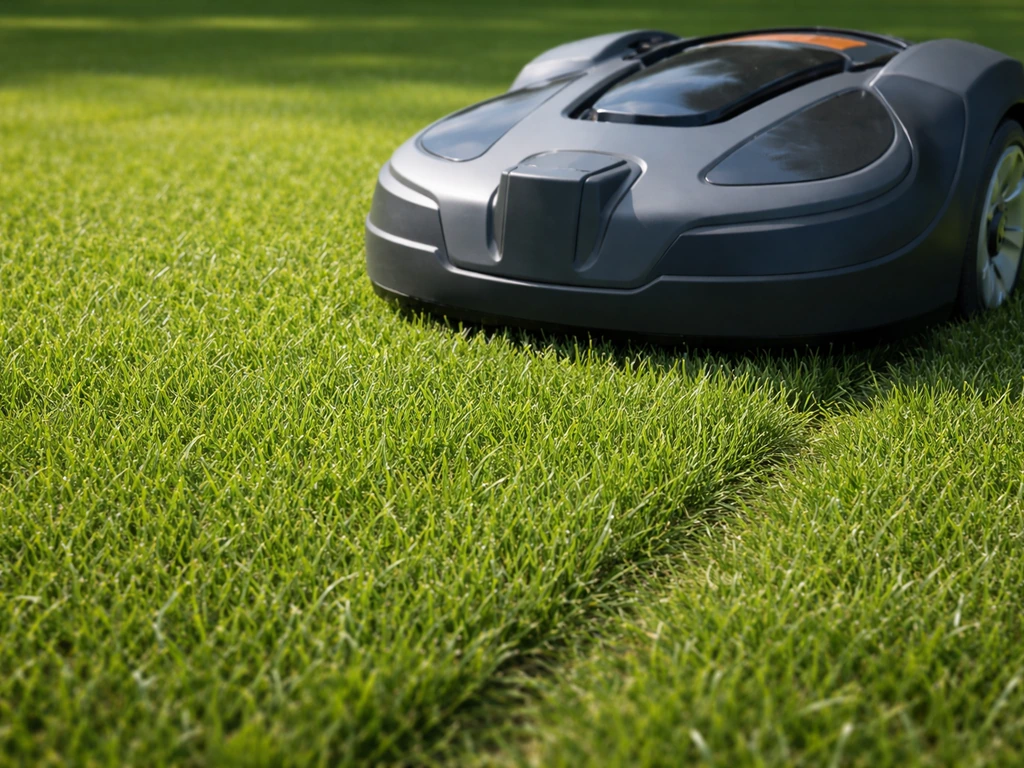 Robotmaaier op een Nederlands gazon met gelijkmatige stoppels van ca. 4–5 cm.