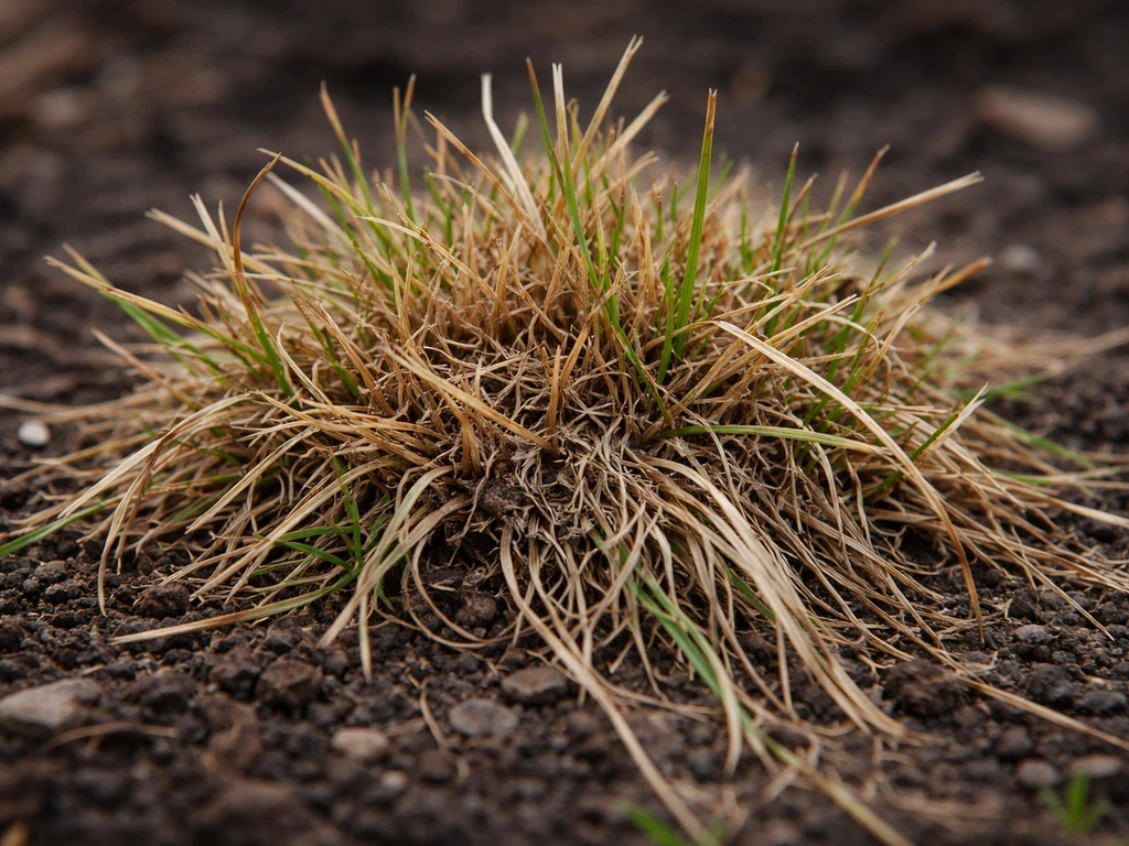 Close-up van een verfrommeld grasplukje met vilt en verkleuring, als voorbeeld van stress bij gras.