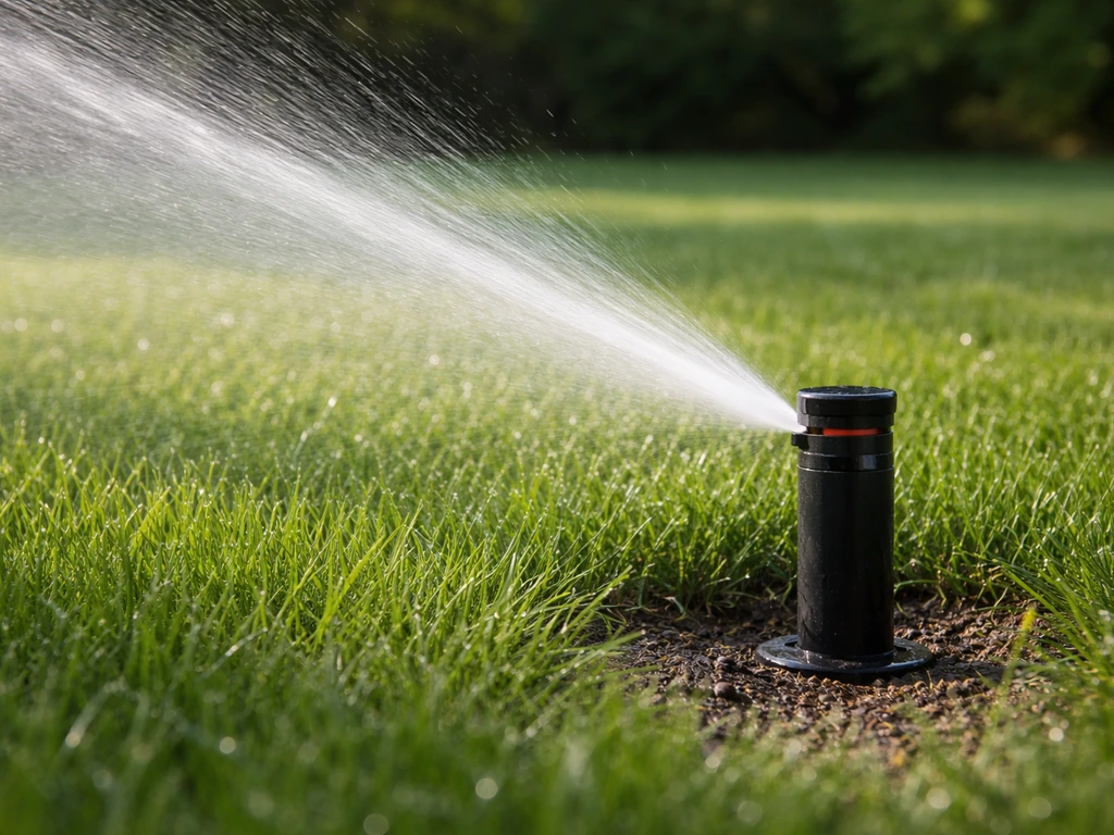 Close-up van een beregeningskop die vroeg in de ochtend fijn water verstuift op een gazon zonder plassen.