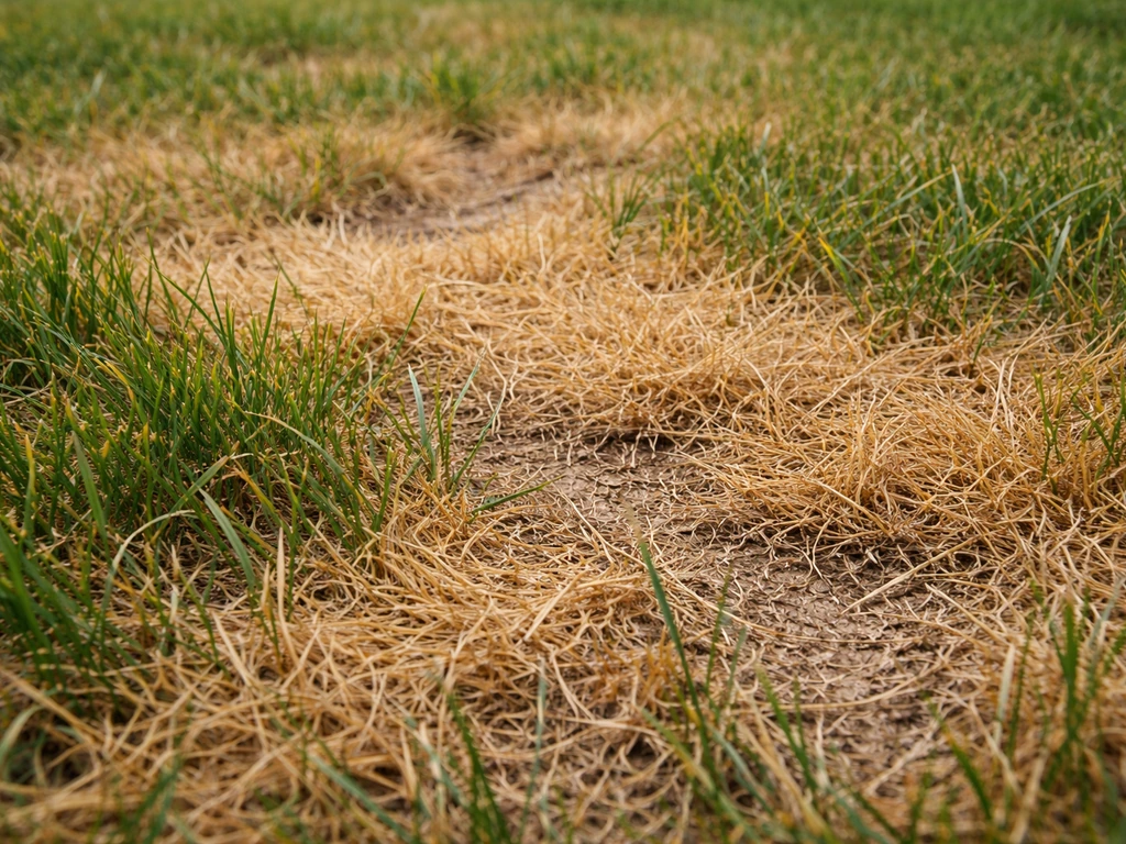 Close-up van geel en uitgedroogd gras in een gazon met zichtbare dode plekken