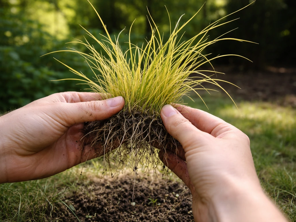 Handen die een pluk geel gras zachtjes optillen voor de tas-test in een rustige tuin