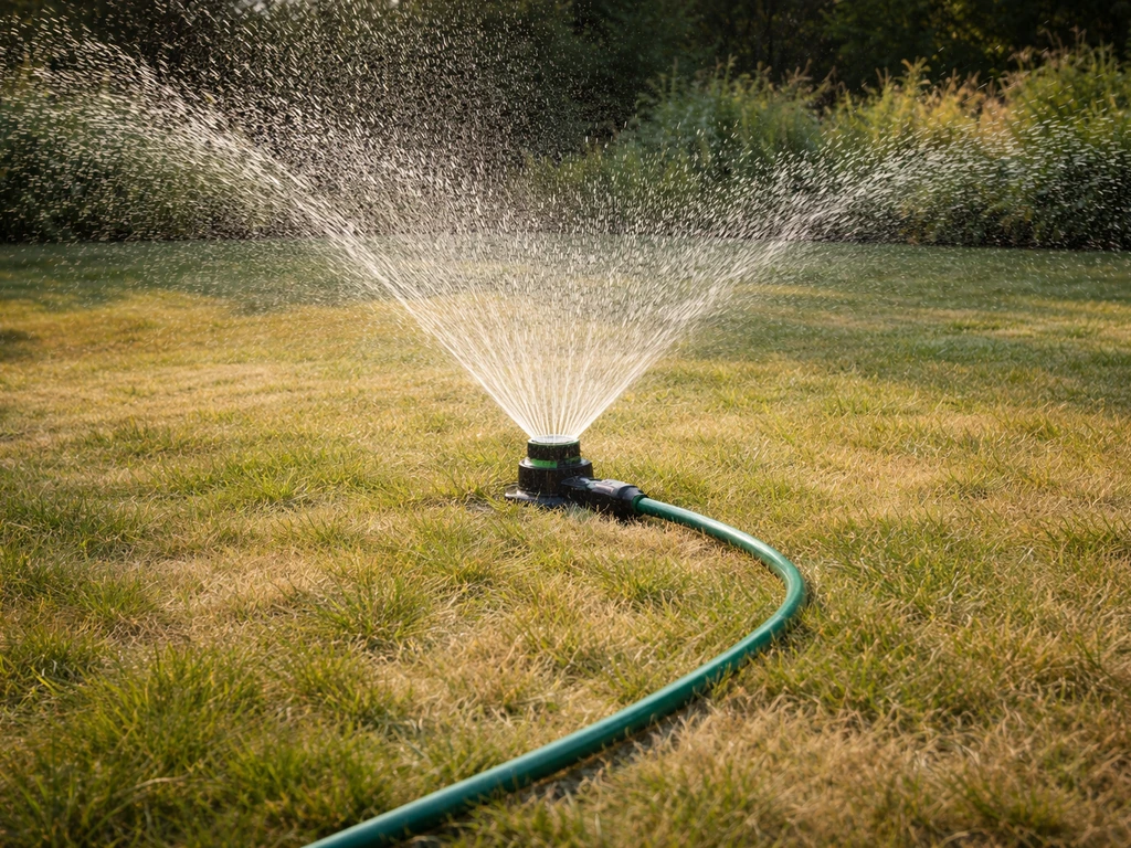Tuinsproeier met tuinslang geeft gericht water aan een groen gazon tijdens een droogtestherstelmoment.