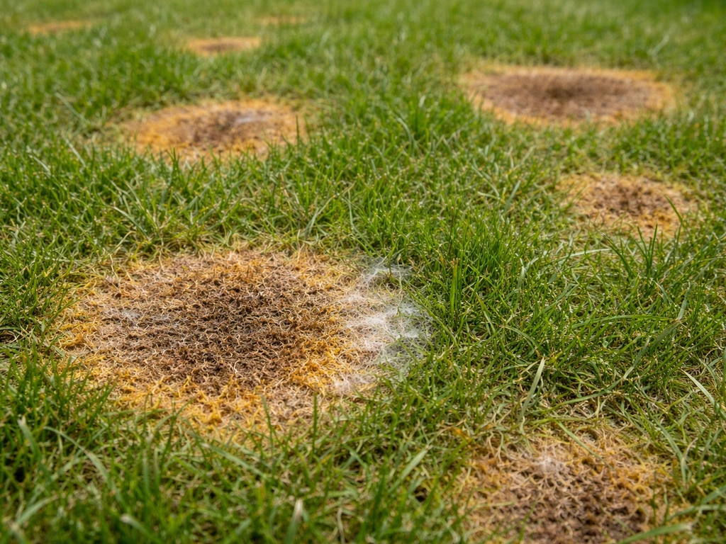 Close-up van een gazon met ronde geel-oranje tot bruine vlekken en vaag wit schimmelpluis aan de rand.