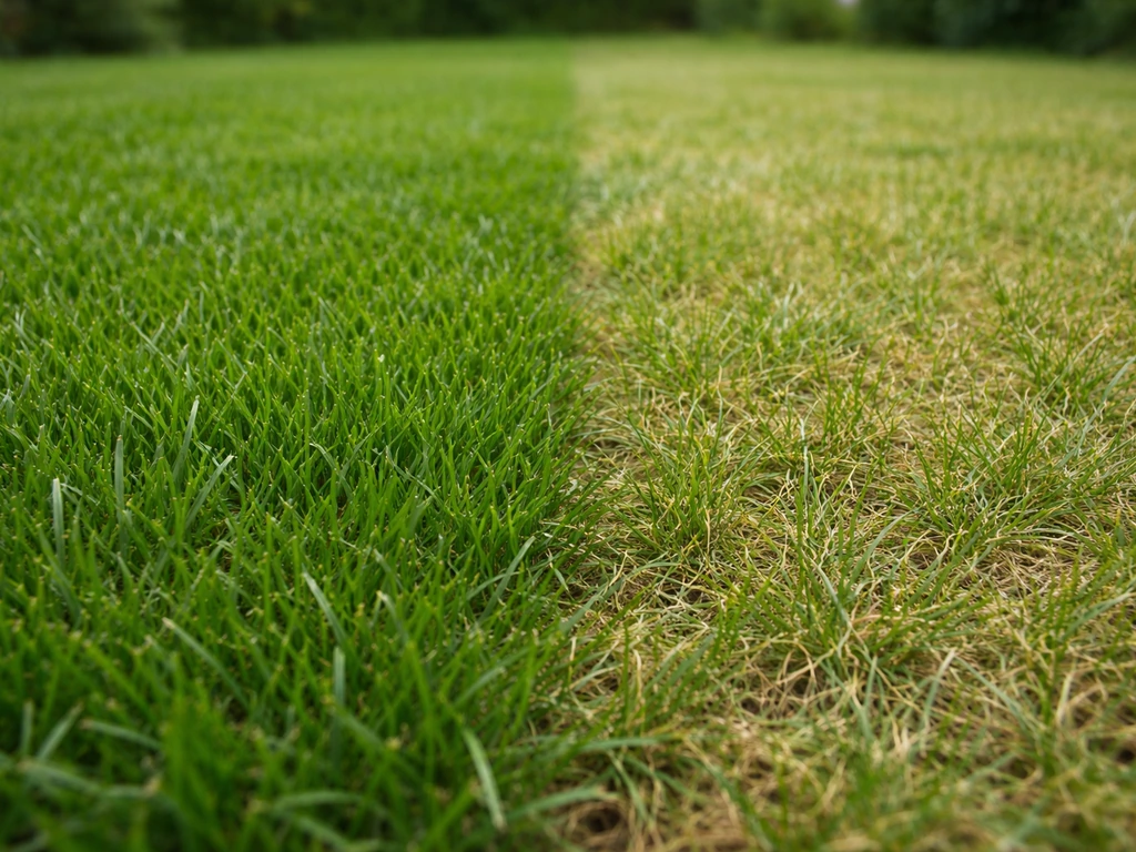 Close-up van twee naast elkaar liggende stukken gazon: dicht en donker groen tegenover dunner en minder groen.