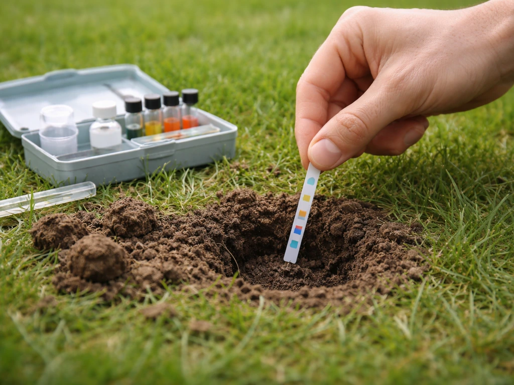 Boerenerf-gazon waarop iemand een pH-teststaaf of meetstrip in de bodem steekt met meetset op de grond