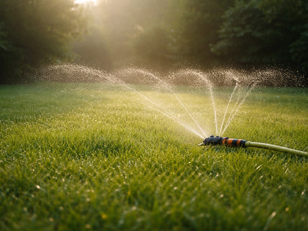 Gras wordt vroeg in de ochtend met een sproeier in gerichte porties natgemaakt